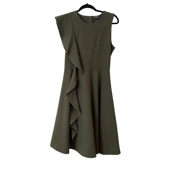 Few Moda Size S Side Ruffle Midi A-Line Flare Dress Green Olive Career - Picture 1 of 9